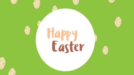 Animation-of-happy-easter-text-over-easter-eggs-on-green-background