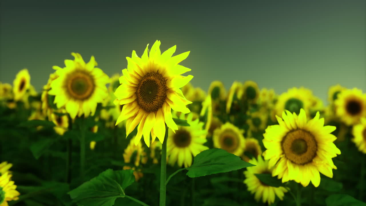 Vibrant sunflower field under a clear sky during golden hour glow