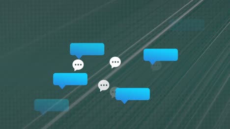 Animation of blank speech bubbles floating over abstract light trails against grey background