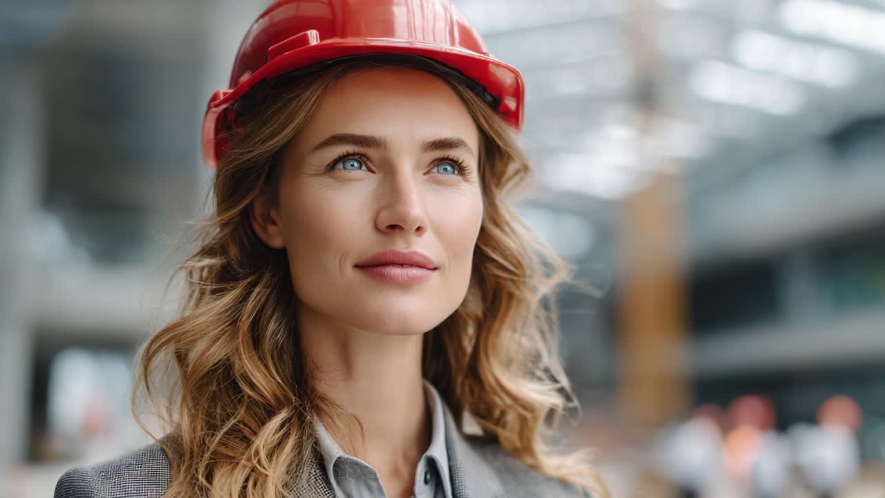 A confident woman in a hard hat stands in a construction site, embodying determination and professionalism as she gazes thoughtfully into the distance, envisioning future successes