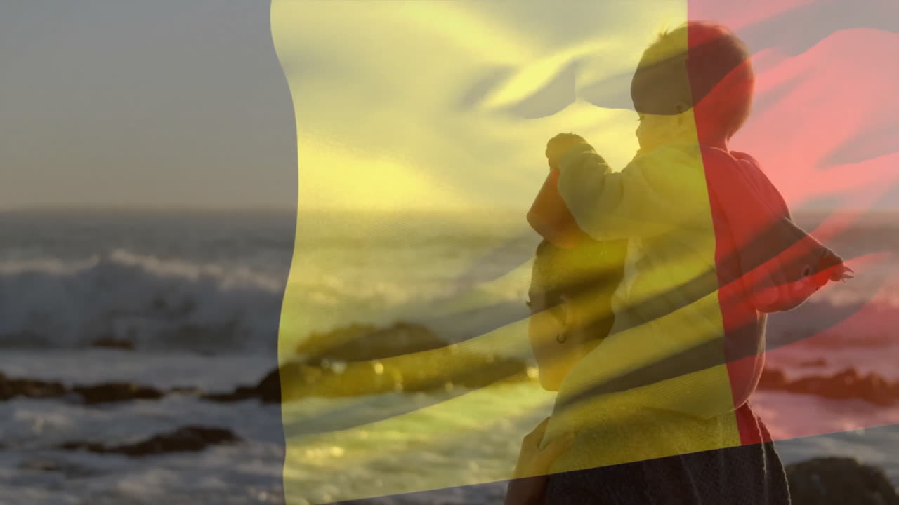 анимация флага бельгии над кавказской матерью, несущей ребенка