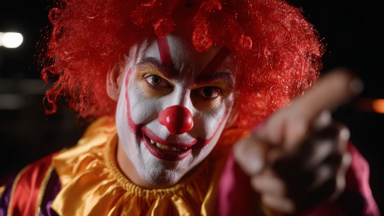 A Clown's Mischievous Gaze: Captivating Close-Ups of a Colorful Performer with Vibrant Makeup and Playful Expression in a Dark Setting