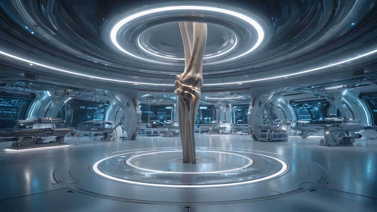 Struttura medica futuristica con un'intricata scultura di un'articolazione del ginocchio umano in un ambiente elegante e ad alta tecnologia, circondata da apparecchiature mediche avanzate.