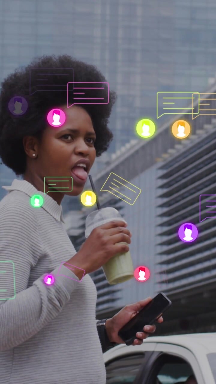 Animation of icons and business data over african american woman in city