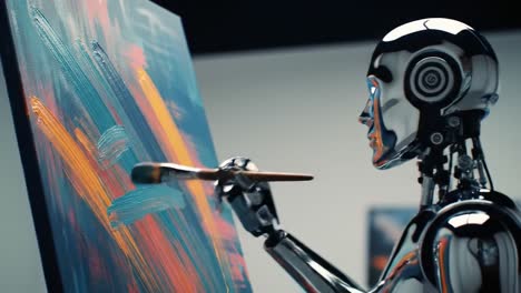 a reflective journey: exploring the fusion of art and technology as a robot creates vibrant masterpieces on canvas with a brush in hand