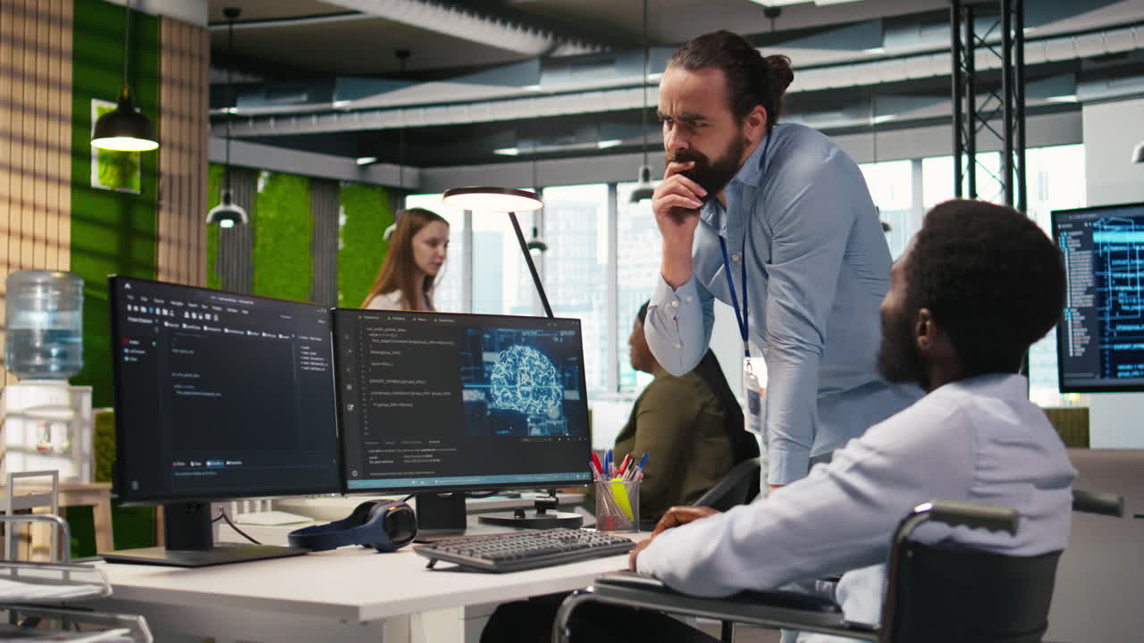 Startup Engineer And Colleague With Paraplegia Brainstorming, Working With Ai