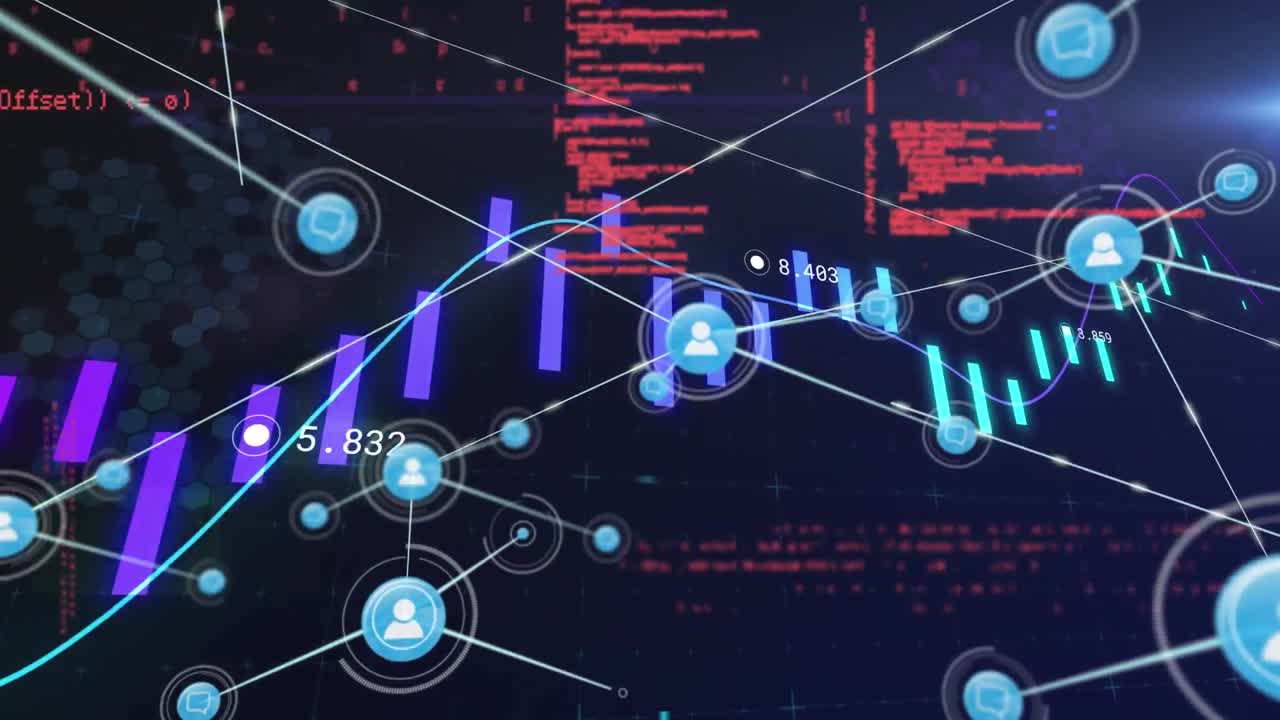검은색 배경에 데이터 처리에 대한 아이콘으로 연결 네트워크의 애니메이션