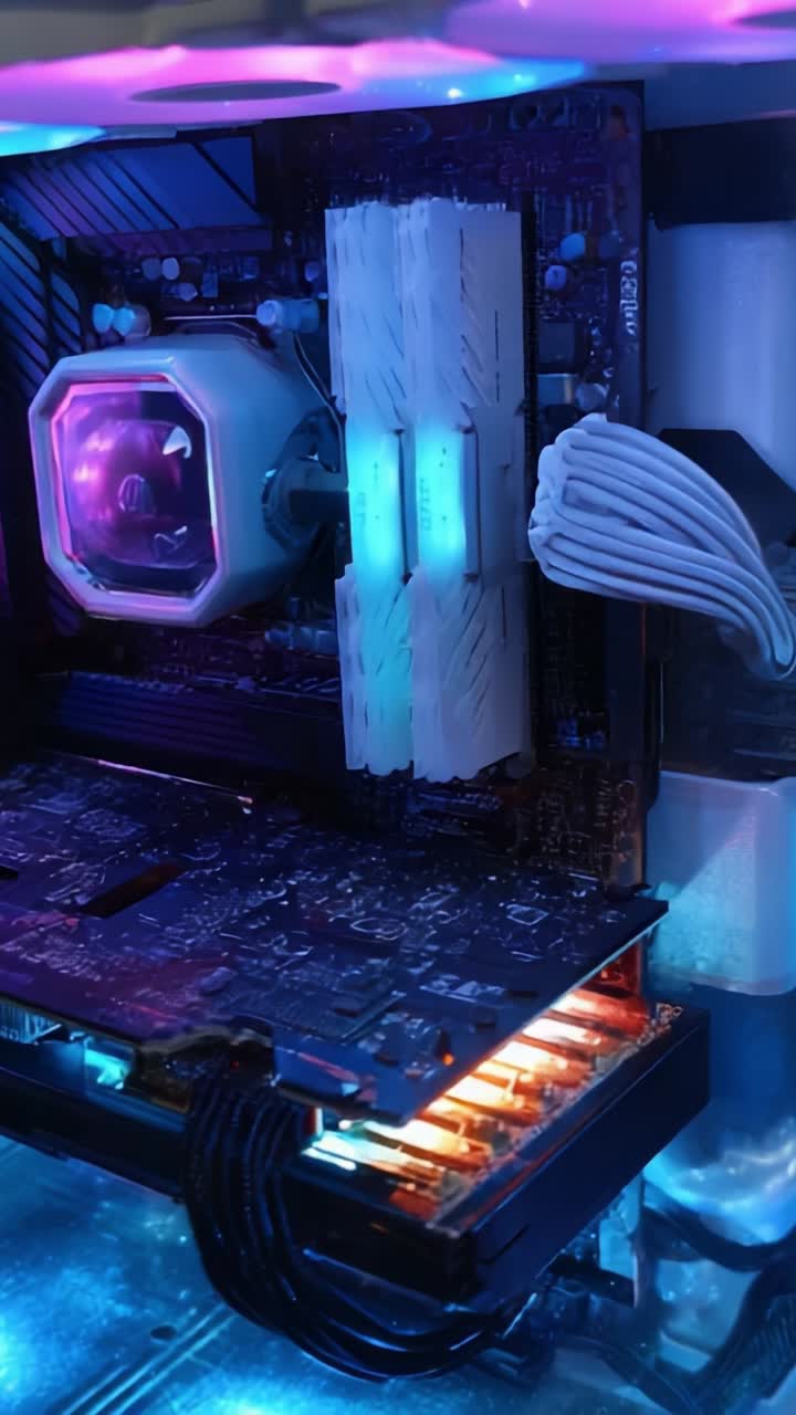 Vibrant Close-Up of a Gaming PC Interior Showcasing RGB Lighting, Cooling System, and High-Performance Hardware Components in an Innovative Setup