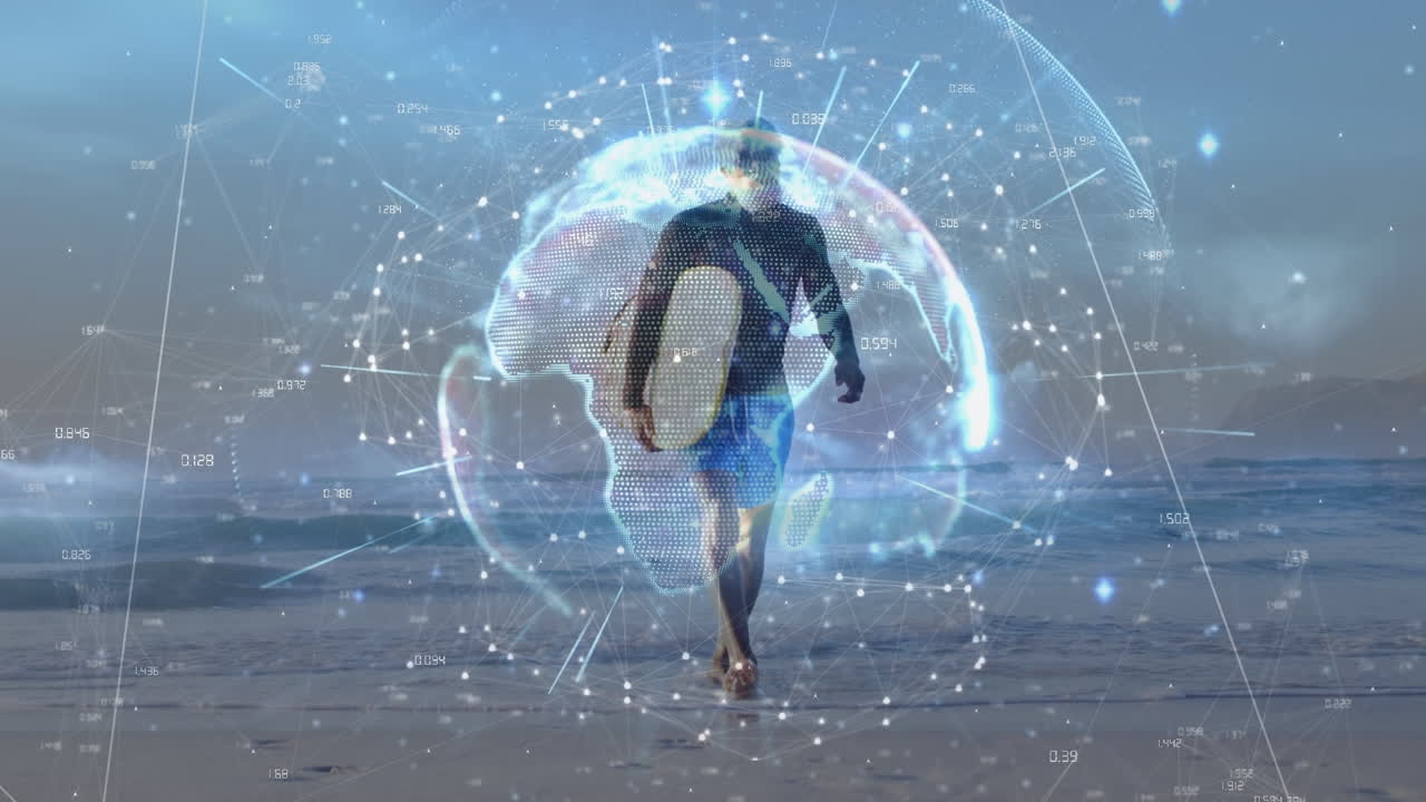 animación de un globo iluminado con rayos contra un surfista africano caminando por la playa