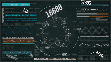 digital data processing and circuit board animation over futuristic dashboard interface