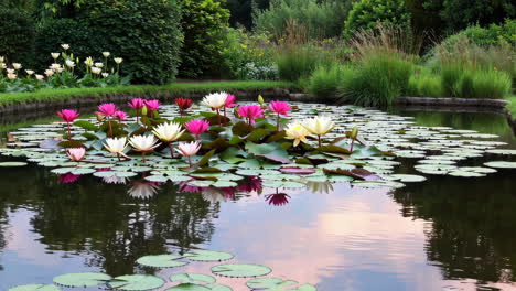 vibrant water lilies floating in a serene garden pond