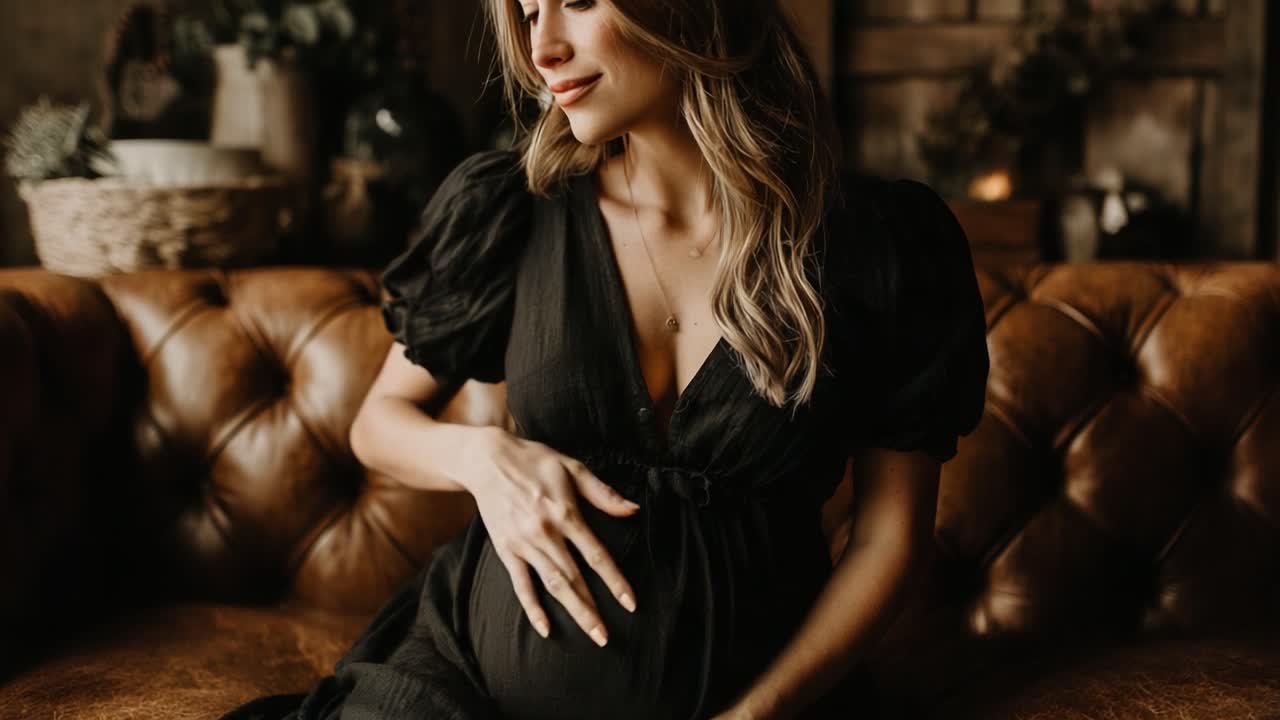 Capturing the Radiance of Pregnancy: A Beautiful Expecting Mother Serenely Posing on a Vintage Leather Couch, Embodying Grace and Anticipation in Every Moment