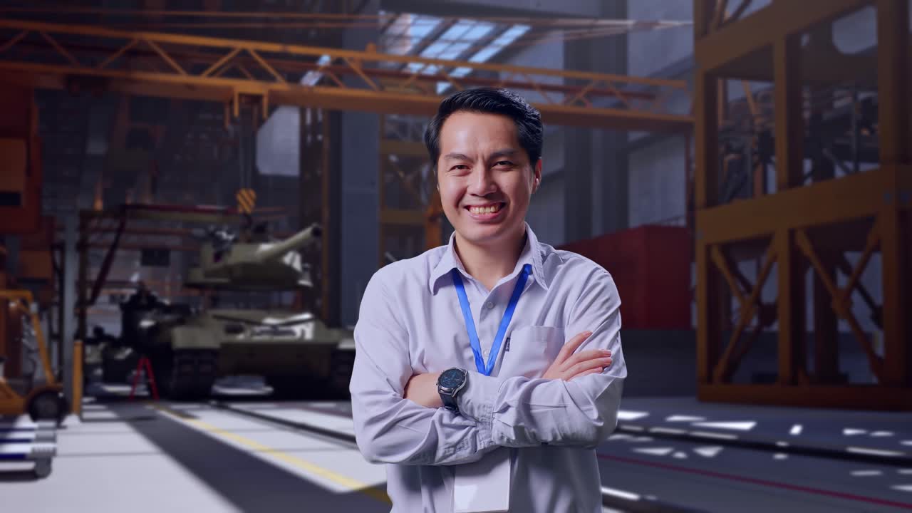 Bidikan Seorang Pekerja Profesional Pria Asia yang Sedang Berdiri, Tank Militer dalam Pengerjaan di Fasilitas Industri, dengan Senyum Lebar ke Arah Kamera dan Melipat Tangan di Dada