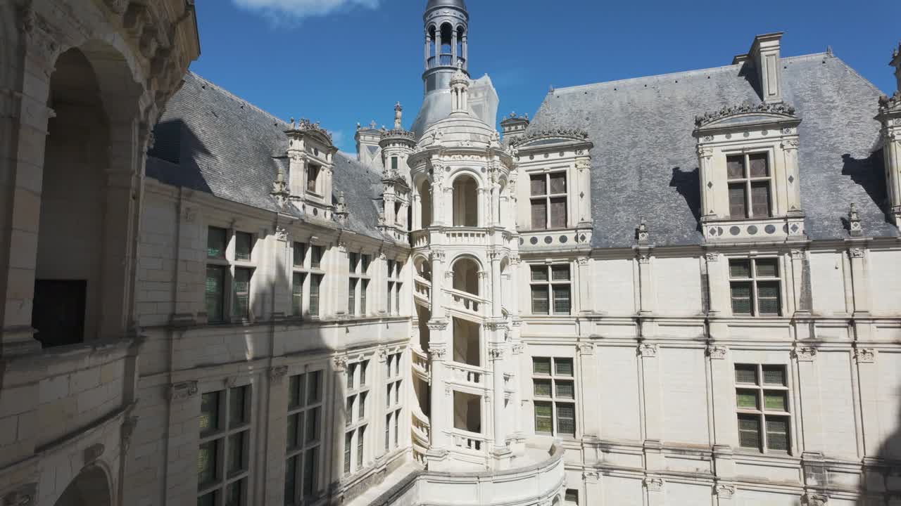 Chambord Chateau circular stairs exterior facade in slowmotion