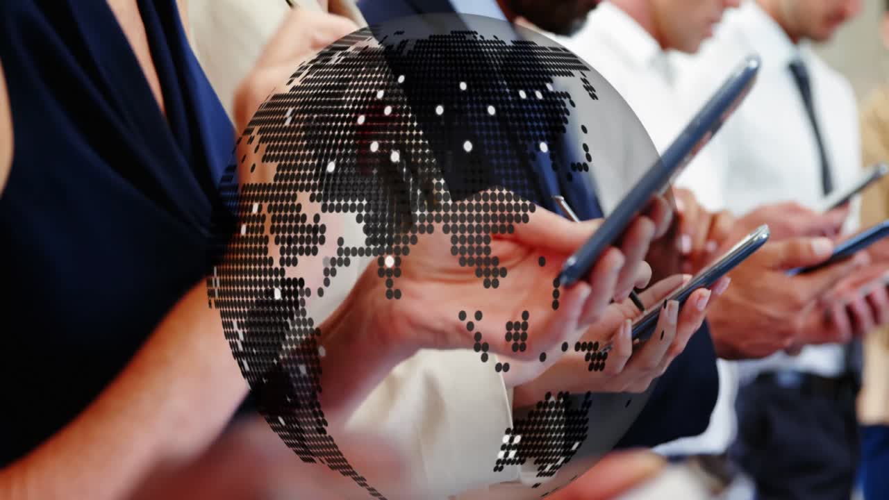 스마트 폰을 사용하는 다양한 사업가들에 대한 전 세계의 애니메이션