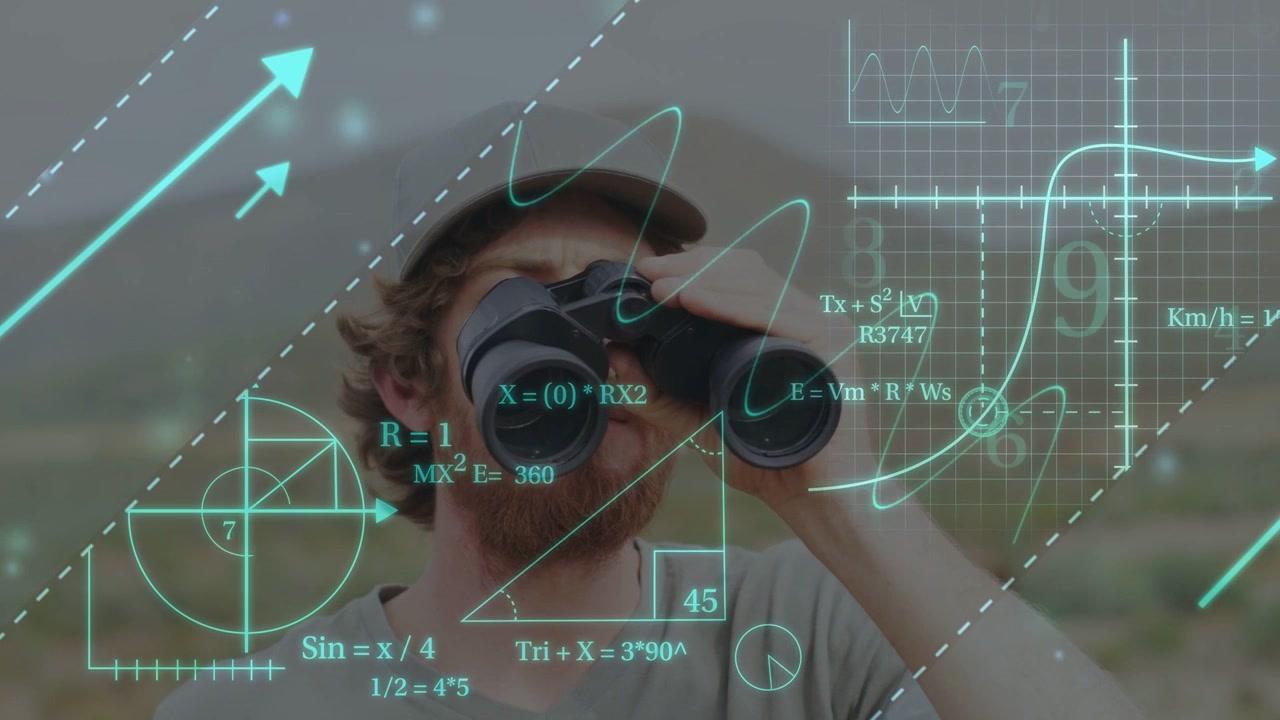Man Looking Through Binoculars with Digital Mathematical Overlay