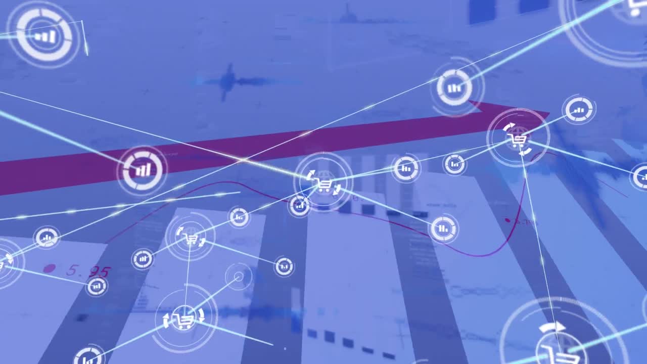 animación de la red de iconos digitales y procesamiento de datos estadísticos contra un fondo gris