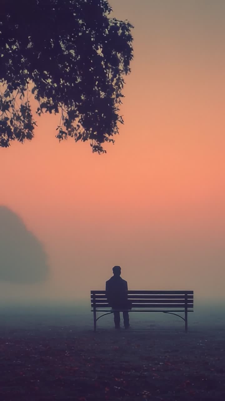 A Solitary Figure Contemplating Life: Embracing the Tranquility of Misty Dawn from a Park Bench Surrounded by Nature's Breathtaking Beauty