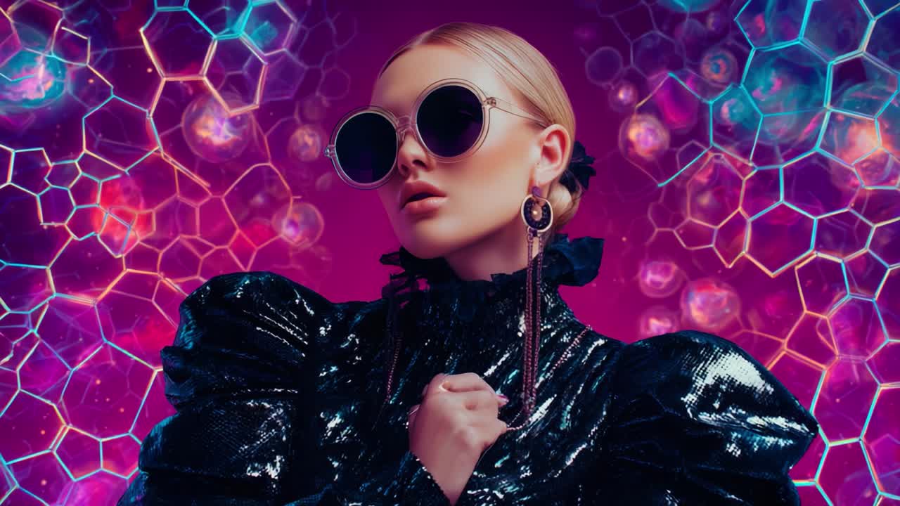 Striking Fashion Portrait of a Woman in Futuristic Sunglasses Against a Vivid Cosmic Background Featuring Vibrant Colors and Geometric Patterns, Emphasizing Style and Elegance