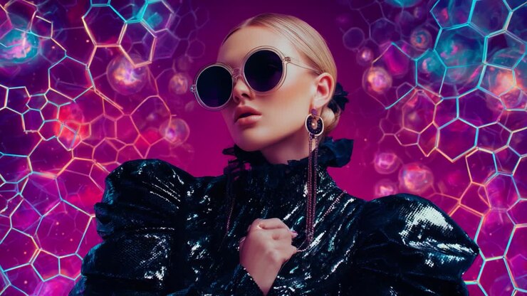 Splendido ritratto di moda di una donna con occhiali da sole futuristici su uno sfondo cosmico vivido caratterizzato da colori vibranti e motivi geometrici, che enfatizza lo stile e l'eleganza