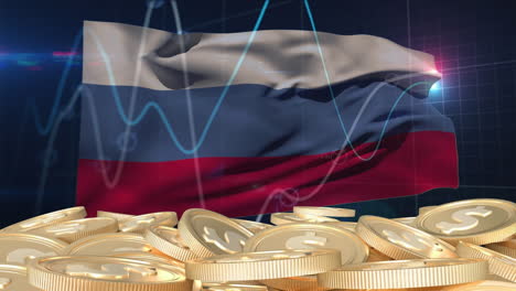 animación de monedas de dólar sobre procesamiento de datos y bandera de rusia