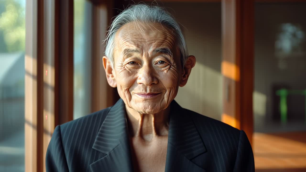 Moving dolly closer, senior man holding gaze at home, revealing facial detail and striped blazer