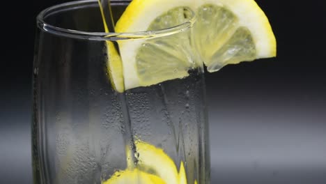 verter agua mineral en un vaso con rodajas de limón.