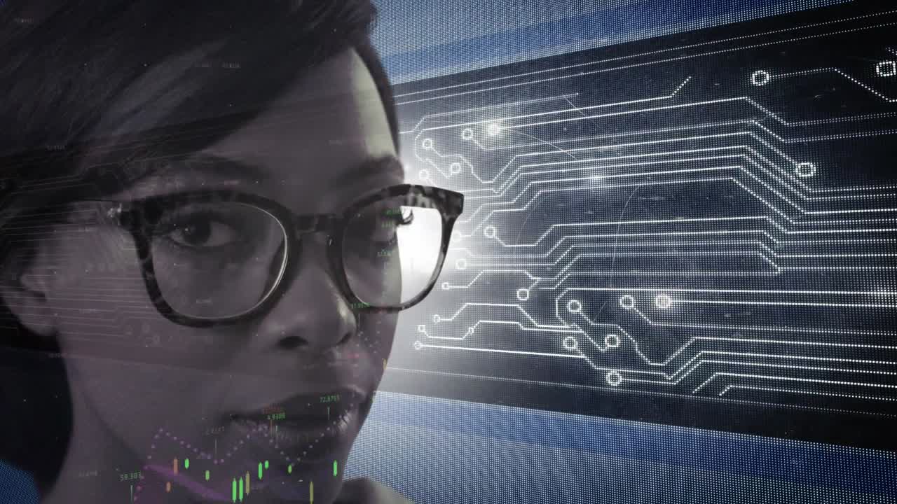 Animation of network of connections and data processing over woman looking at camera