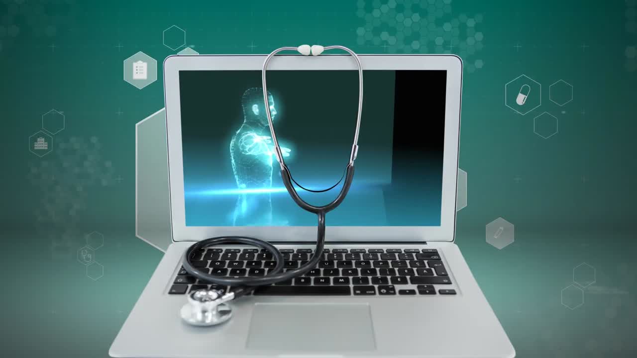 Laptop medico che mostra un video di scansione corporea umana
