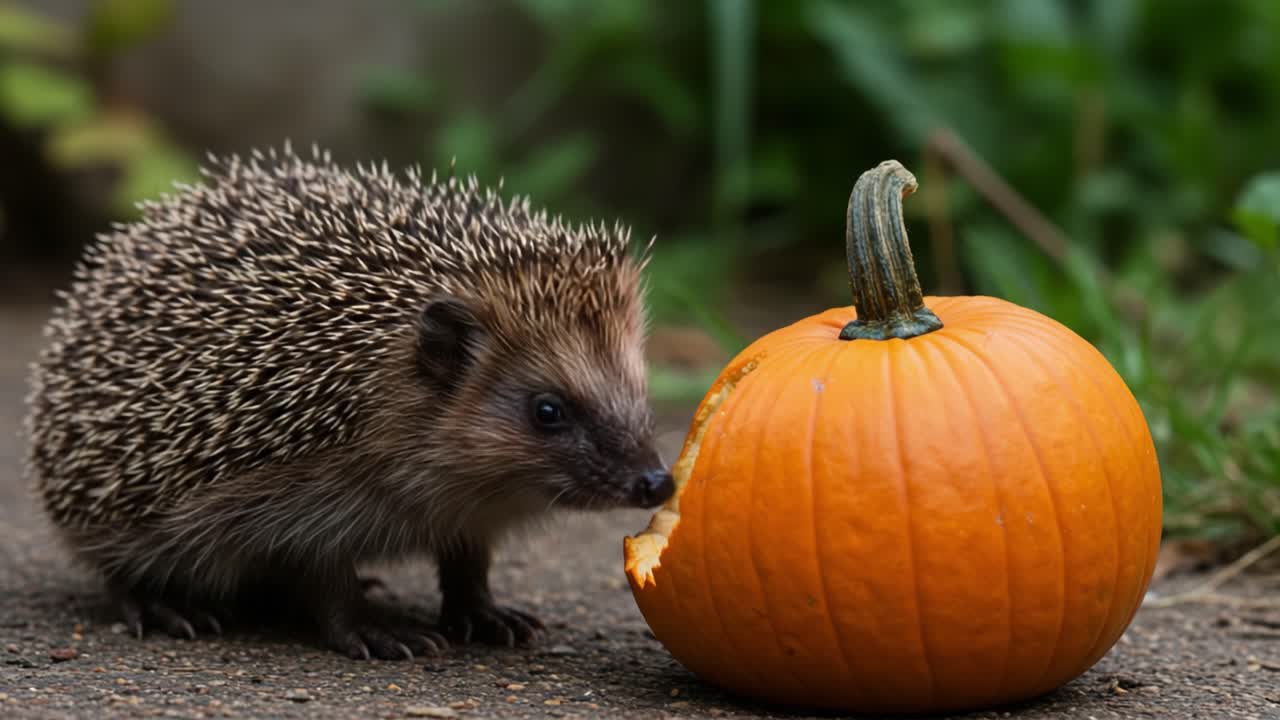Ein neugieriger Igel genießt den Herbst: Er erkundet einen leuchtend orangefarbenen Kürbis in einer natürlichen Umgebung im Freien.