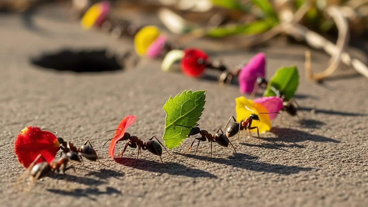 Ants Collecting Colorful Petals and Leaves in a Line, Showcasing Nature's Intricate Behavior and Cooperation among Tiny Creatures on a Sunny Day