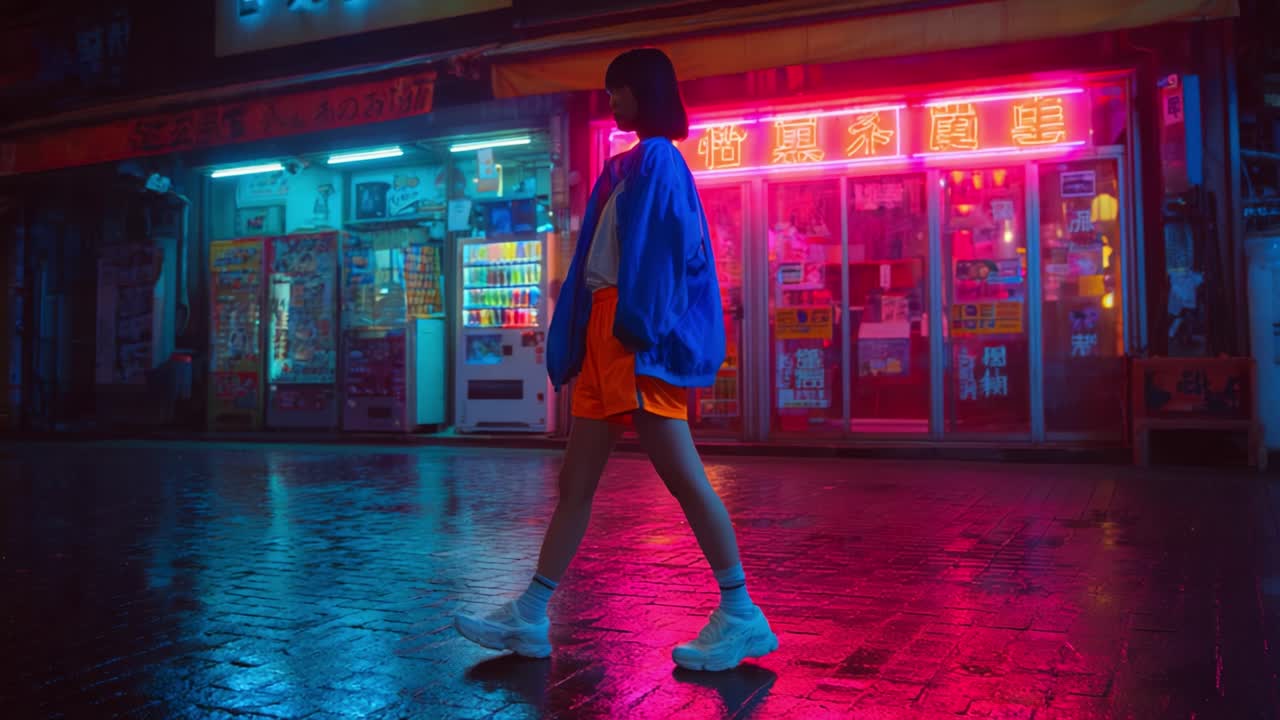 A solitary figure walks through a vibrant urban landscape illuminated by neon lights at night, reflecting off the wet streets, creating a captivating scene filled with color and mystery