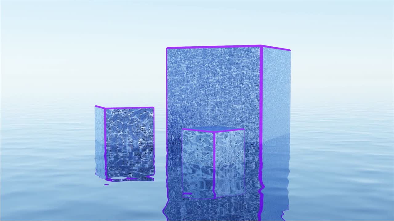 파란색과 색의 추상적인 큐브와 분홍색의 실루이 물 위에 서 있고 물결이 있습니다.