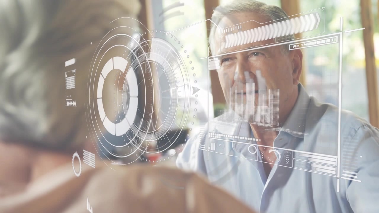Animated green tech circles overlay a businesswoman in a digital networking concept video.