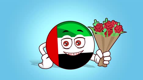 cartoon icon flag uae united arab emirates face animation give a bouquet of flowers with alpha matte