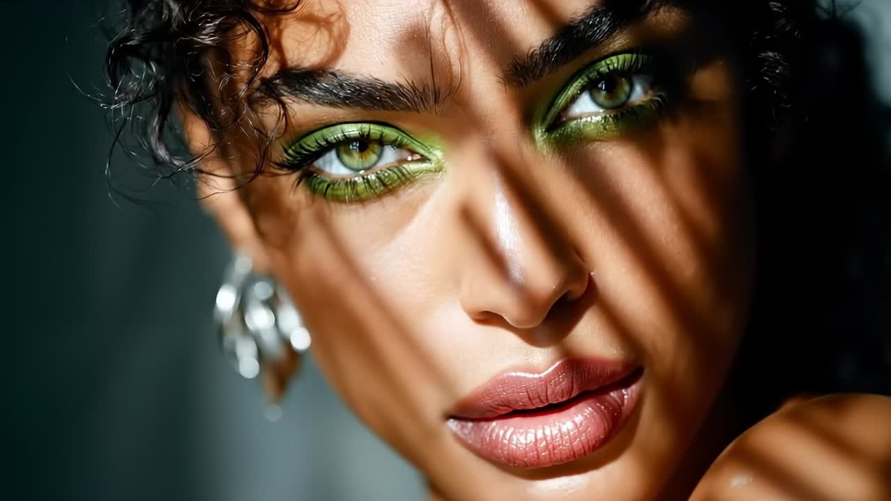 A close up of a woman with green eyes and earrings