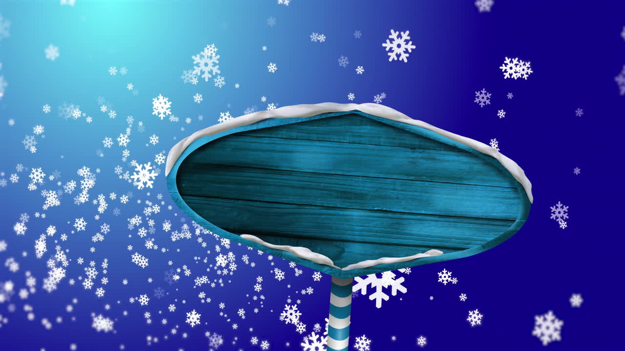 눈이 내리는 위에 복사 공간과 함께 나무 표지판의 애니메이션