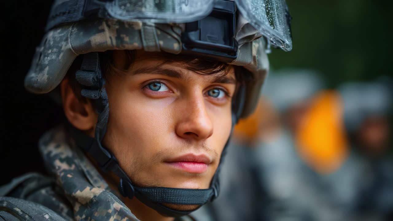 Primo piano di un giovane soldato in tenuta militare, che cattura l'intensità e la determinazione nei suoi occhi blu profondi mentre presta servizio in un ambiente difficile