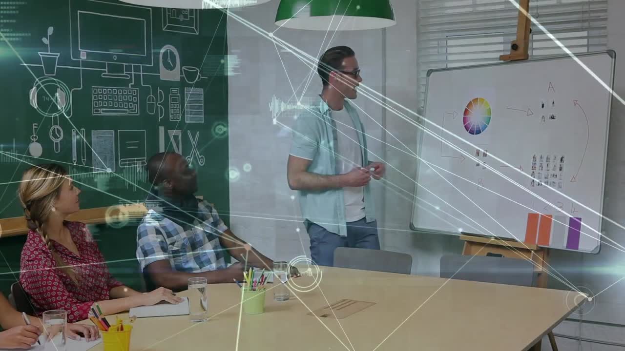 Animation of network of connections and data processing over diverse business people