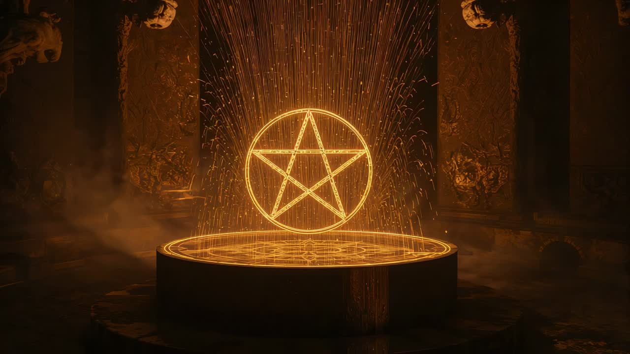 Pentagram melayang di atas alas di kuil saat lingkaran terbentuk dan percikan api berjatuhan, ritual pemanggilan