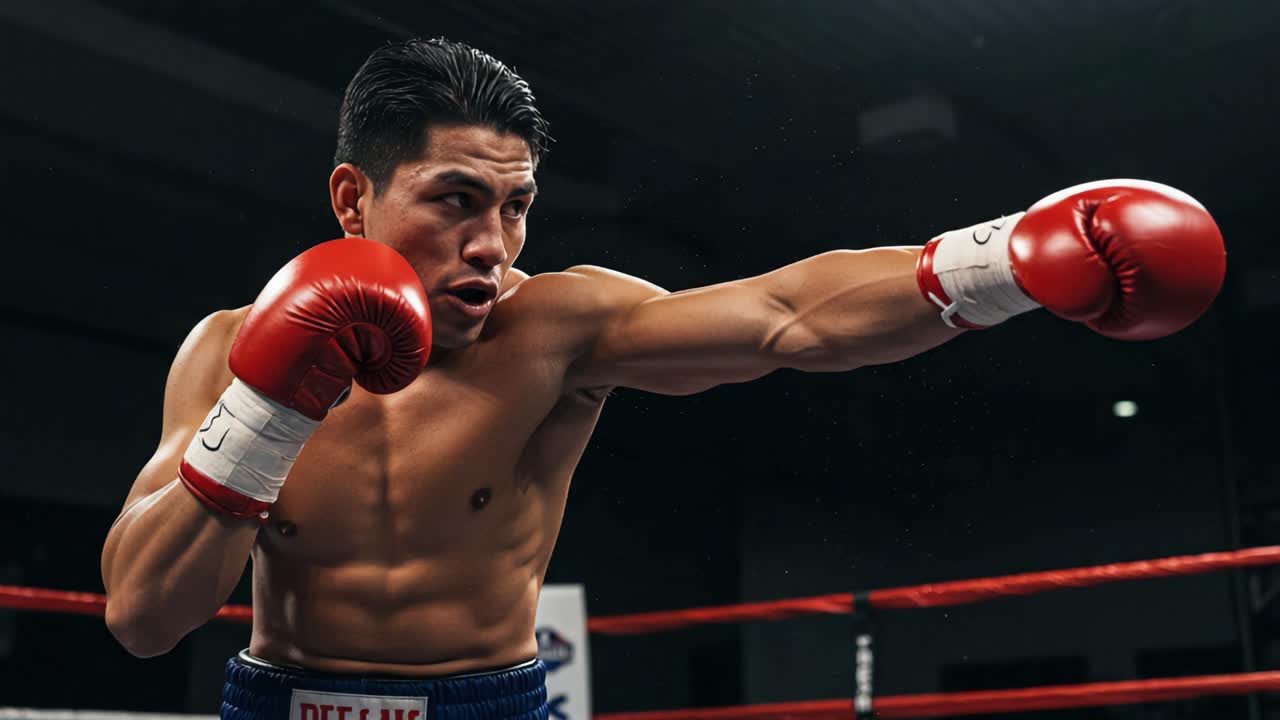 A Dynamic Display of Boxing Skills: A Boxer Throws a Powerful Punch in the Ring, Showcasing Precision, Strength, and Determination in a Competitive Match