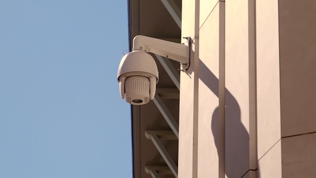 Security camera mounted on a wall