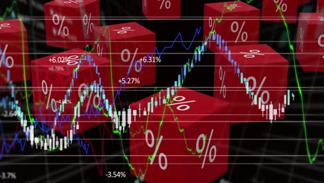 animation of red cubes with per cent sign over graphs and statistics