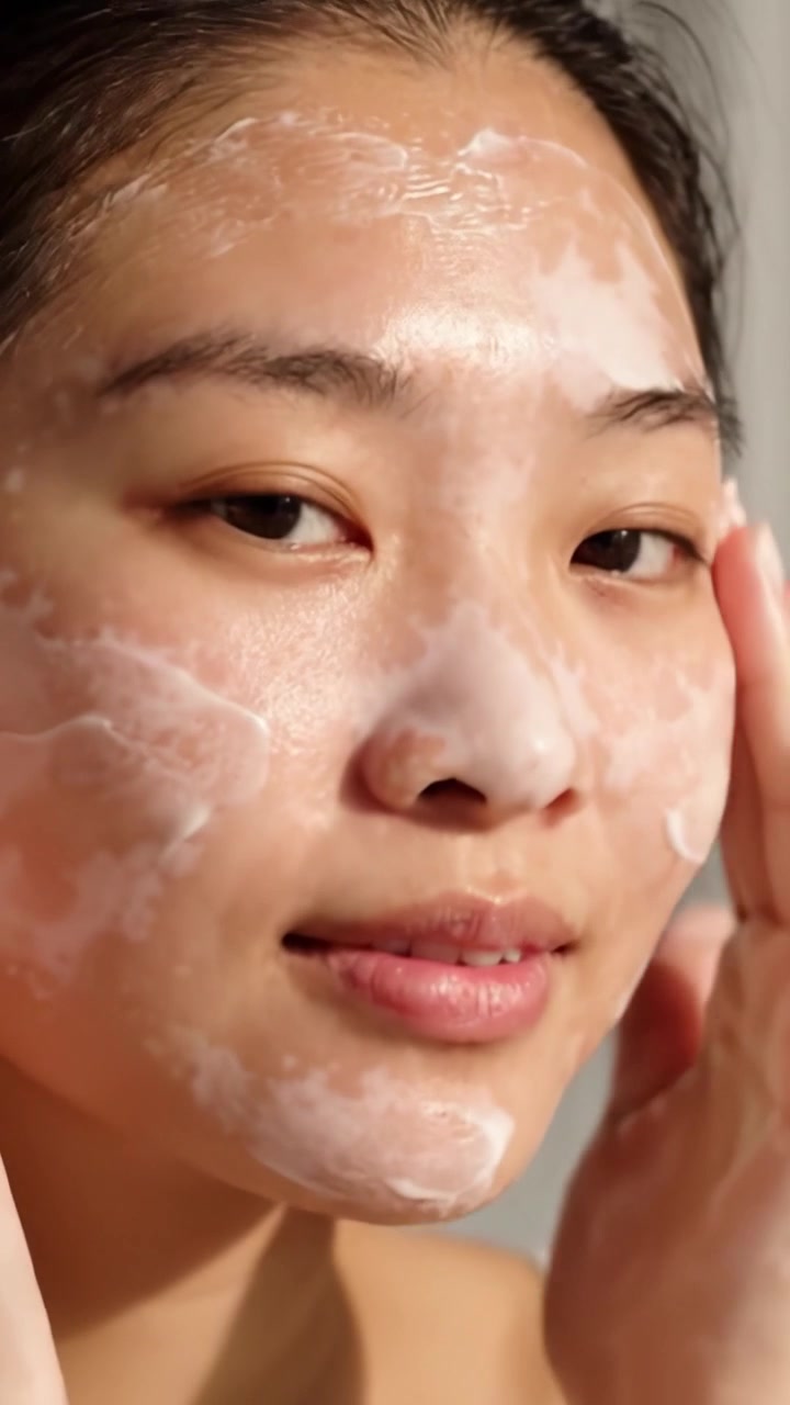 A Close-Up of a Young Woman Applying Cleansing Foam to Her Face, Showcasing Her Skincare Routine and the Importance of Daily Facial Cleansing for Healthy Skin