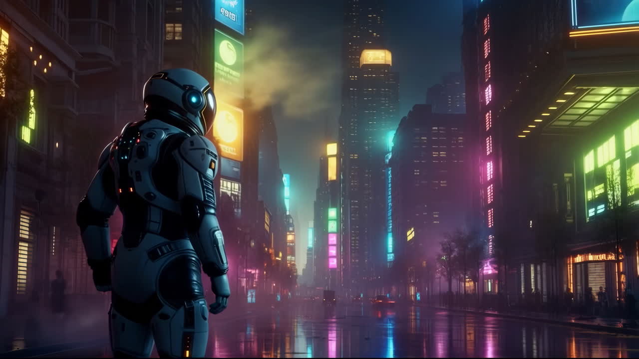 Astronaut in a Futuristic Neon City at Night