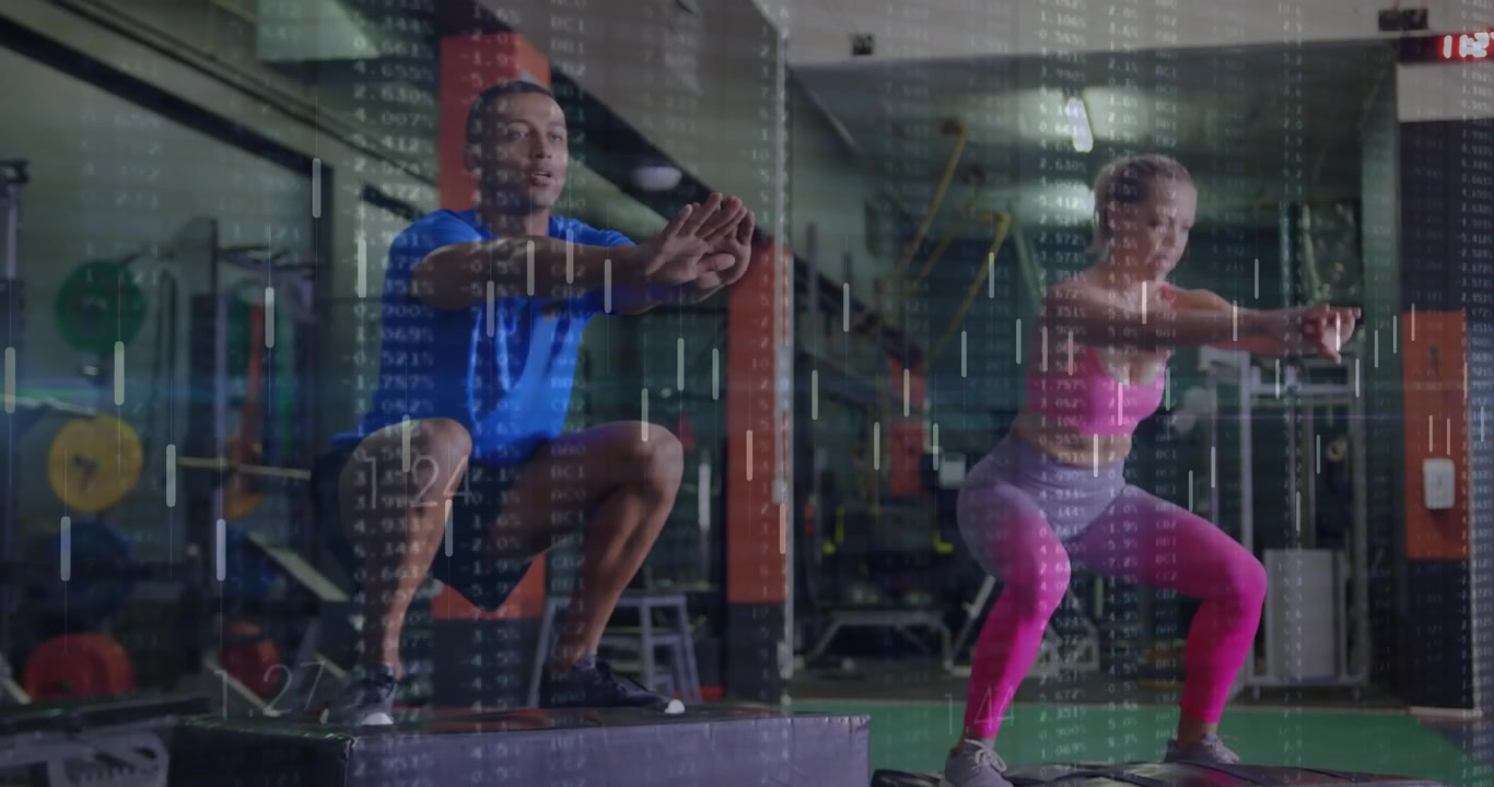 Athletes Performing Box Jumps in a Gym with Digital Data Overlay