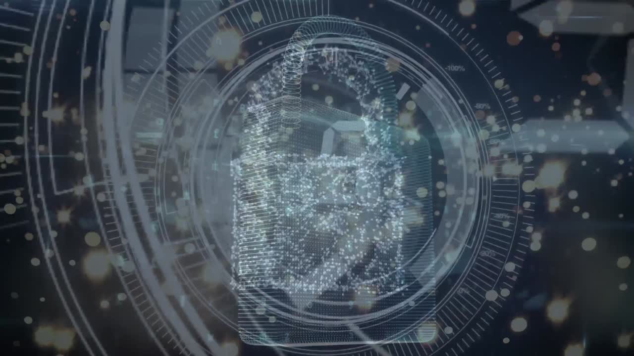 Animation of digital padlock over black background with counting and processing circles