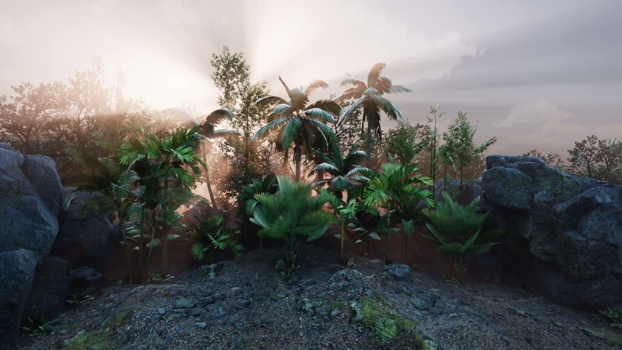 los rayos del atardecer a través de las palmeras