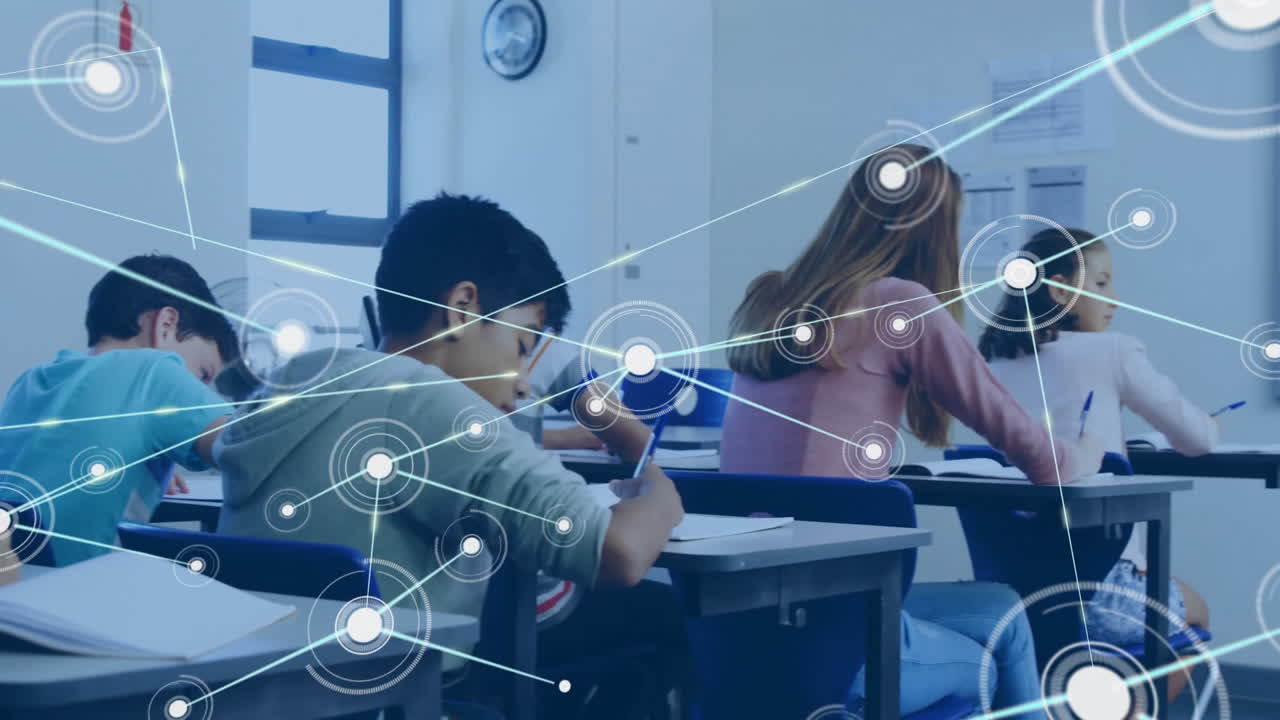 In school, students studying in classroom with network connections animation overlay
