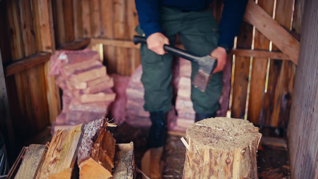 Man Chopping Woods With An Ax - Close Up Shot